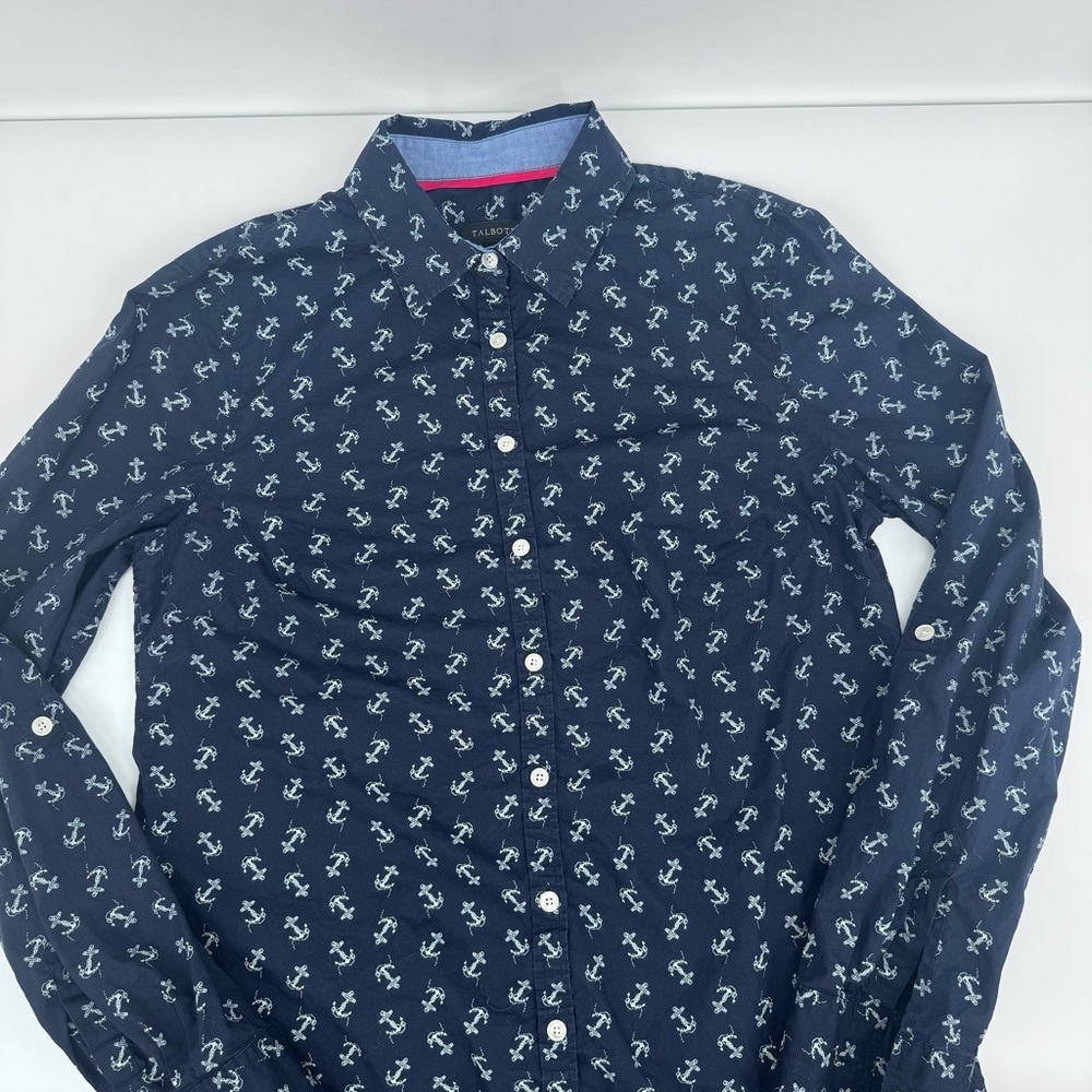 Talbots Button Up Shirt Women 2 Blue Long Roll Tab Sleeve Anchor Coastal Top